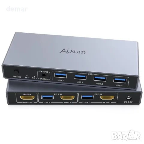 Alxum HDMI KVM превключвател 2 компютъра - 1 монитор USB 3.0 4К 60Hz, контролер и два USB3.0 кабела
