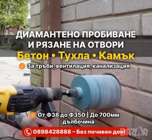 Пробиване и рязане на отвори и дупки в бетон и камък за тръби
                

                гр. София, Бояна
                днес

                                    Договаряне