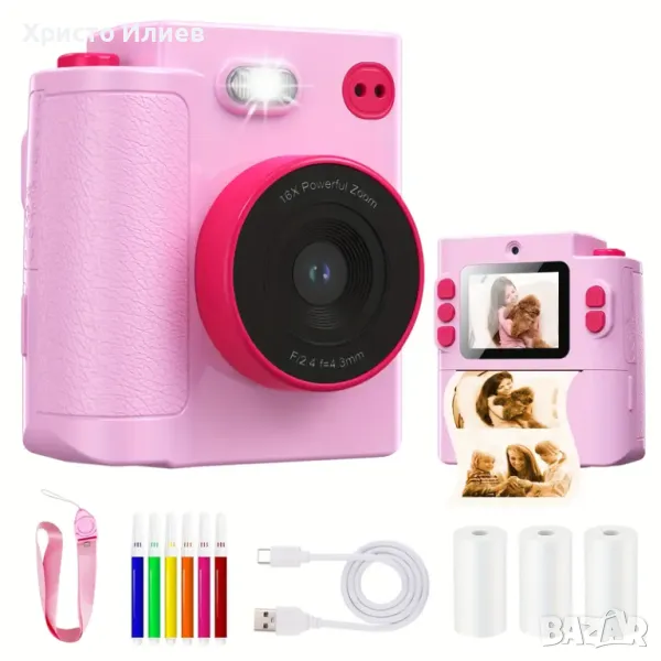 Детски цифров фотоапарат с незабавен печат термопринтер моментни снимки с аксесоари, снимка 1