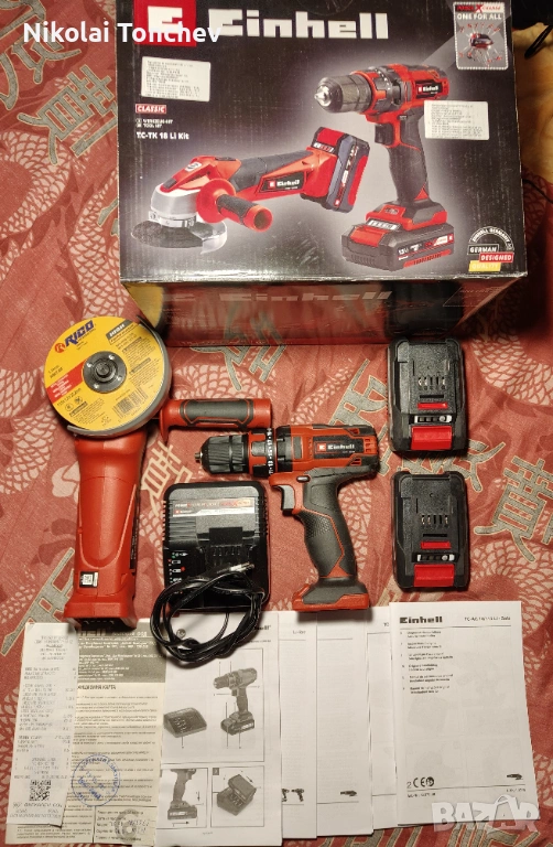 Комплект винтоверт, ъглошлайф, батерии, зарядно “Einhell” 18 Li-Ion, снимка 1