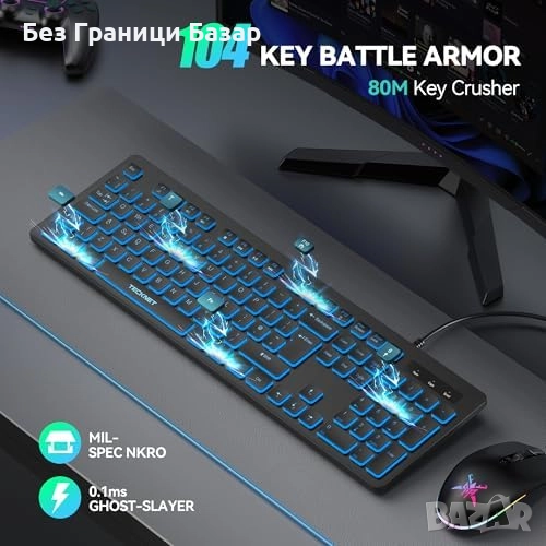 Нова Жична USB клавиатура със светлина, пълноразмерна QWERTY UK за игри, снимка 1