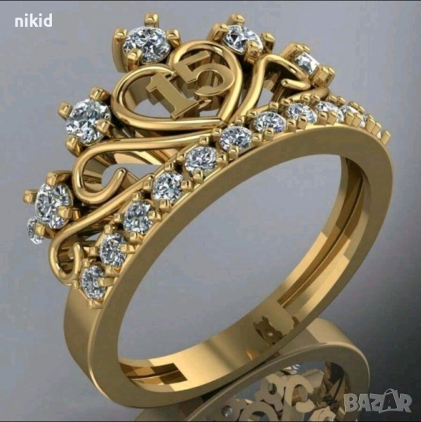 15 години годишна златист пръстен с камъчета, снимка 1