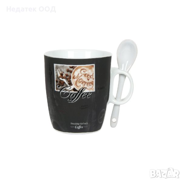 Порцеланова чаша за кафе, черна, с лъжица, 220 ml, снимка 1