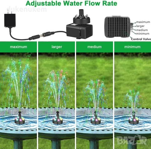 Електрически фонтан с LED светлини, регулируем дебит, 7 дюзи и 5 м кабел, снимка 4 - Градински мебели, декорация  - 52521312