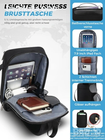 Практична и стилна Мъжка чанта за през рамо с USB порт, водоустойчива, снимка 6 - Други - 53430083