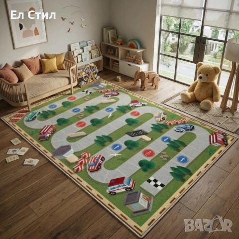 Детски килим за игра 120х160см - Тъмнозелен килим с автописта, противоплъзгащ и миещ се, снимка 4 - Други - 53928255