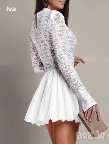 Перфектната новогодишна рокля – бяла къса рокля с дантела и сатенена пола, снимка 3 - Рокли - 52614329