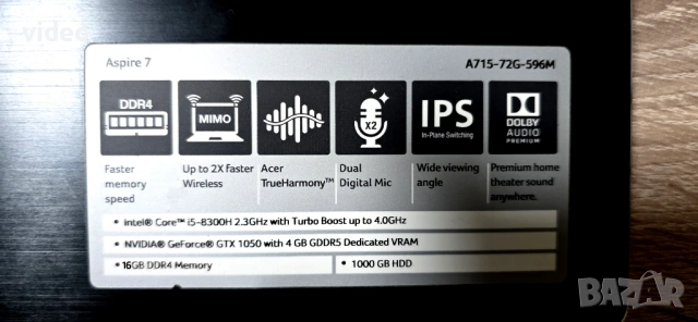 Acer Aspire 7 | i5-8300H | 16GB RAM | GTX 1050 4GB | 16GB Ram като Нов, снимка 2 - Лаптопи за игри - 53700312