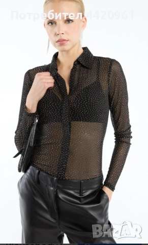 Боди с дизайн на риза с дълги ръкави и яка