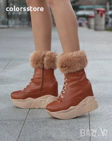 Боти на платформа - кафява кожа с бежов пух - BPH1 , снимка 2 - Дамски боти - 51915347