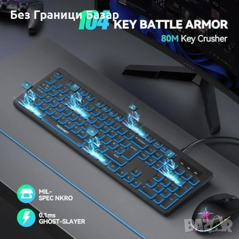 Нова Жична USB клавиатура със светлина, пълноразмерна QWERTY UK за игри