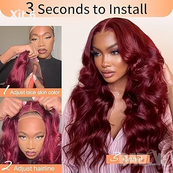 Бургундово червено дълга лейс фронт перука на вълни, снимка 2 - Аксесоари за коса - 54196327