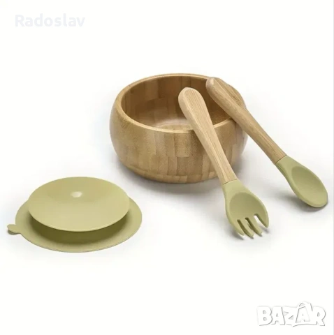 Детски бамбуков комплект за хранене с вакуумно дъно 4 части, снимка 5 - Прибори, съдове, шишета и биберони - 53224751