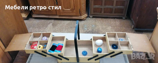 Винтидж дървена кутия за шивашки материали и принадлежности.Разтегателна, триетажна., снимка 4 - Шкафове - 53903425