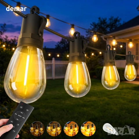 Външни гирлянди, 30 м, S14, 30+2 LED крушки, градинско гирляндово осветление, дистанционно, IP65