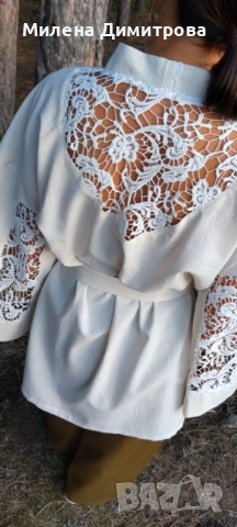 Ленено кимоно / Кимоно от американ и дантела ръчна изработка , снимка 11 - Сака - 48845116