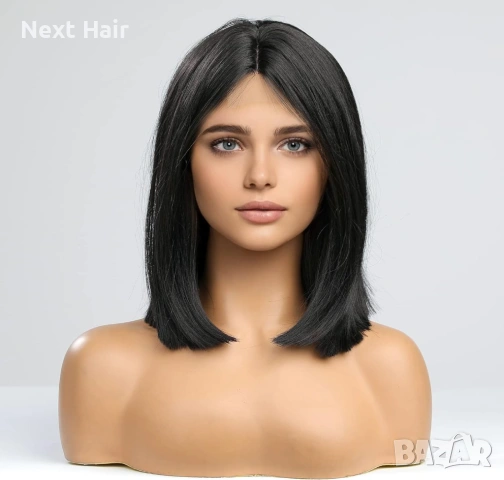 Елегантна права черна каре перука 35 см с път, снимка 2 - Аксесоари за коса - 53749630