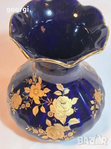 немска порцеланова ваза Wunziedel кобалт с 24 карата позлата М1, снимка 3 - Вази - 52983159