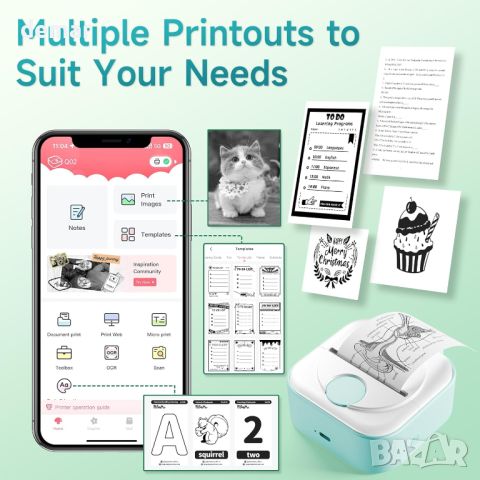 Phomemo Q02 Мини термопринтер за стикери, съвместим с iOS и Android, зелен, снимка 4 - Принтери, копири, скенери - 46744731