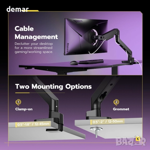 ARES WING Единично рамо за монитор от 17" до 49", черно, до 20 кг, снимка 6 - Монитори - 51687232