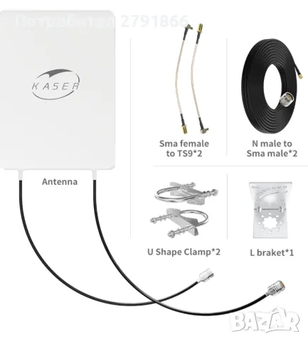 KASER 5G LTE външна антена Mimo Директива 3300–3800 MHz N78 Усилване до 15 dBi Съвместим с 5G рутери, снимка 1 - Рутери - 49091443