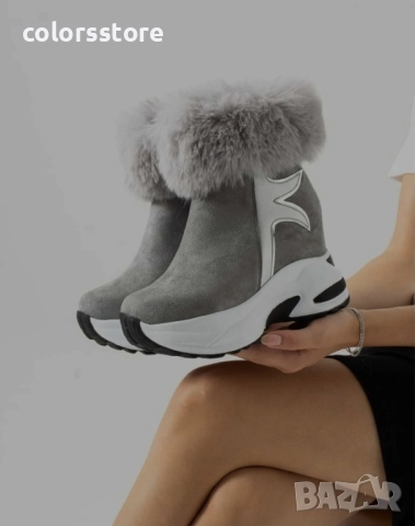Боти на платформа - сив велур с пух - BH2025 , снимка 3 - Дамски боти - 52316448