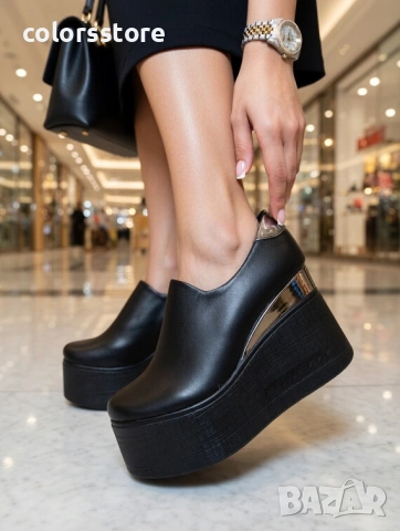 Обувки на платформа - черна кожа и лак - 615L 