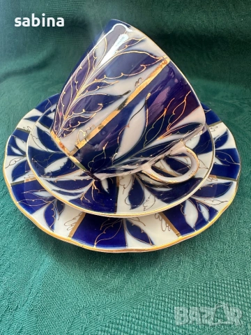 Руски порцелан-Троен сет за кафе „Зимна вечер“, произведен от ЛФЗ  „Ломоносов”, СССР, снимка 3 - Сервизи - 53487979