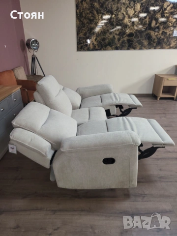 Кремав диван тройка от плат с ръчен релаксиращ механизъм, снимка 12 - Дивани и мека мебел - 53753644