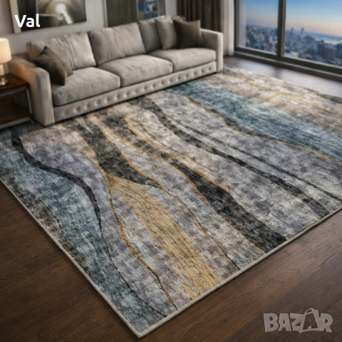 Модерен килим за хол 120х160см - Мраморен ефект в сиво и черно и 3D ефект, Противоплъзгащ, снимка 4 - Килими - 53932684