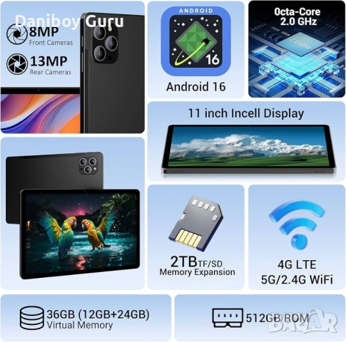 11” Android 16 таблет Octa Core, 36GB RAM + 512GB ROM 4G LTE/5G WiFi, Gemini AI, GPS, Face ID,, снимка 2 - Таблети - 53931461