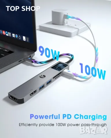 VCOM 7-в-1 USB C хъб, два монитора - 4K HDMI, 1080P HDMI, 2*USB 3.0 данни, PD 100W, снимка 4 - Кабели и адаптери - 49340654