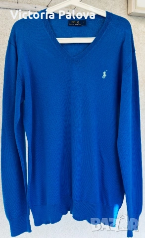 POLO RALPH LAUREN син памучен пуловер с V - образно деколте