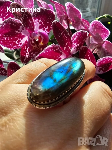 Регулируем сребърен пръстен с Лабрадорит, снимка 3 - Пръстени - 53905925