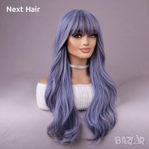 Микс от цветове лилаво синя перука с бретон, снимка 1 - Аксесоари за коса - 45709524