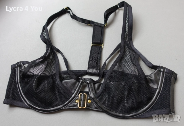 75В черен сутиен от еко кожа и прозрачна мрежа, снимка 7 - Бельо - 51862105