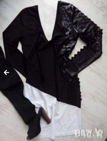 Елегантна рокля с кожен ръкав, снимка 4 - Рокли - 52516293