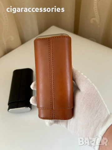 Калъф за 3 пури – естествена кожа, кедър, с ножче, черен/кафяв, снимка 4 - Табакери - 54097882