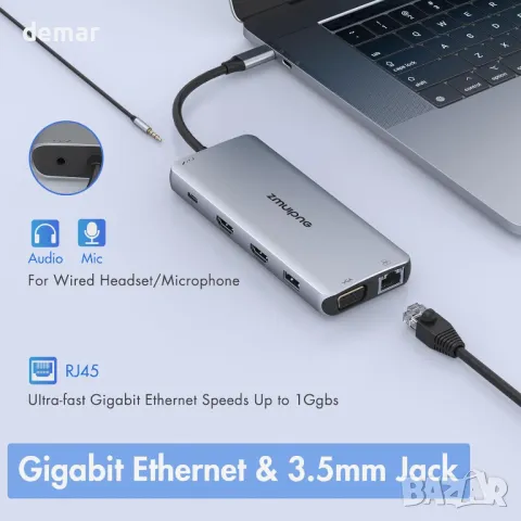 USB C докинг станция с двоен монитор, 12 в 1 за лаптоп с 2 HDMI, VGA, 2 USB 3.0, 2 USB 2.0, 100 W PD, снимка 6 - Друга електроника - 47450256