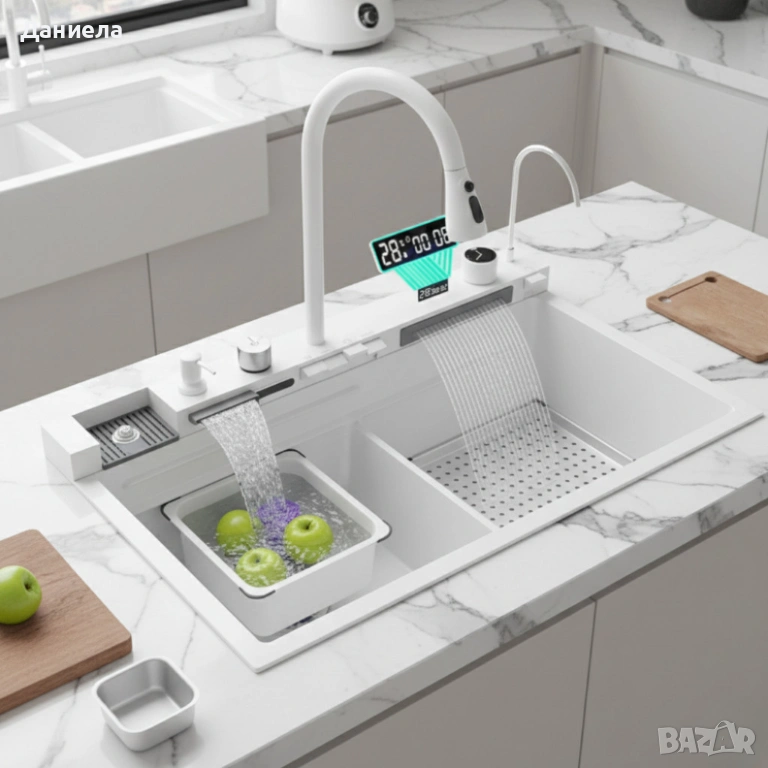 Умна кухненска мивка с изтеглящ се кран – LED дисплей, водопад, , снимка 1