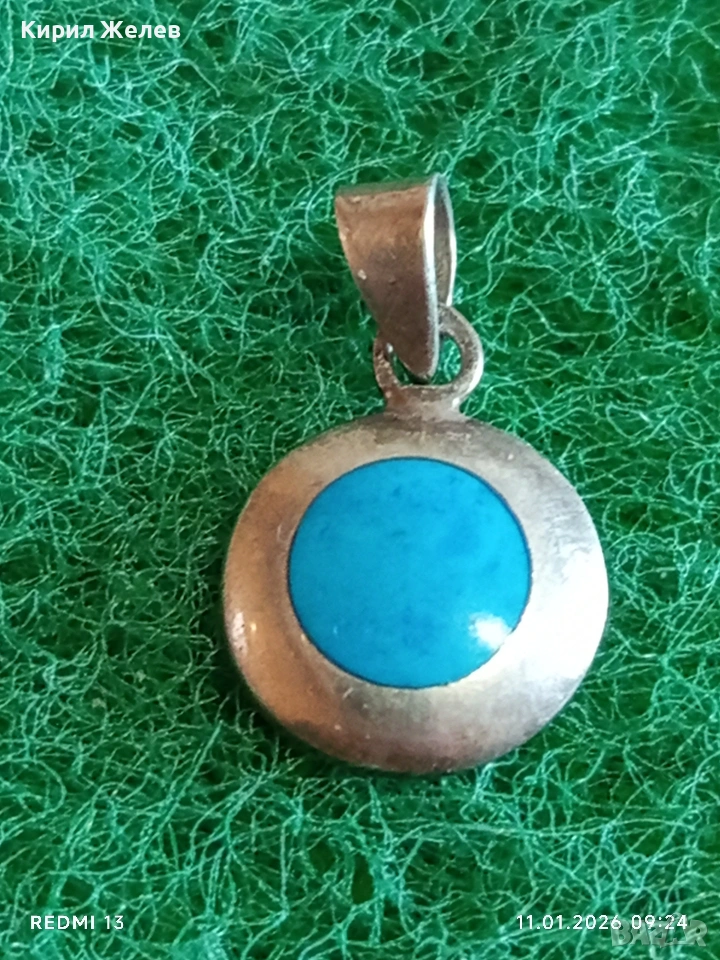 Сребърен медальон с инкростиран ТЮРКОАЗ много красив стилен дизайн 52722, снимка 1