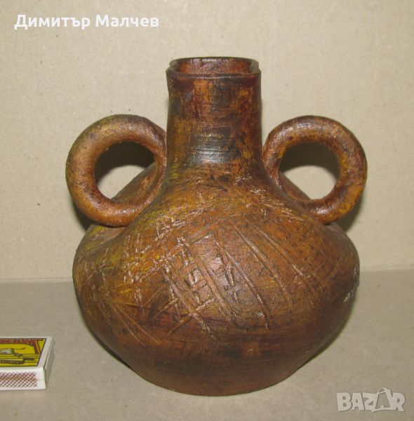 Керамична ваза 15 см делва архаичен стил ръчна изработка, отлична, снимка 1