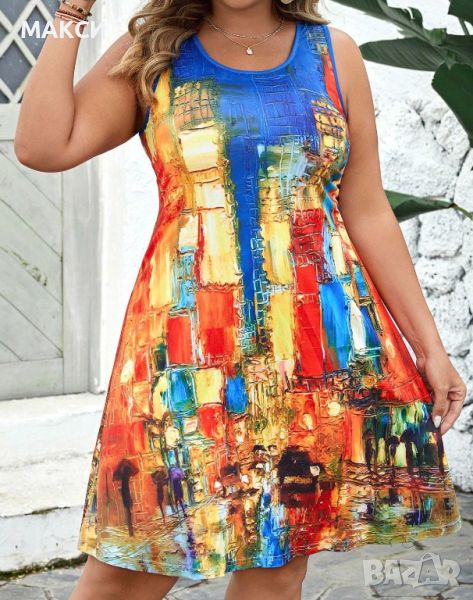 Макси красива лятна къса еластична рокля "Огнени бои" без ръкави- лека и супер комфортна, снимка 1