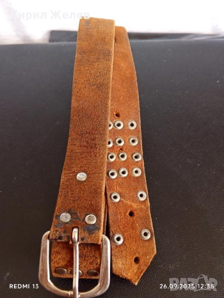 Винтидж кафяв кожен колан с капси и монети много красив 44288, снимка 1