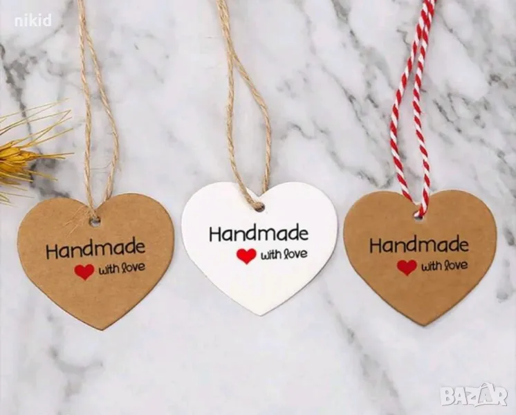 50 бр обли сърце сърца Handmade with love Тагове табелки етикети картонени подаръци ръчна изработка, снимка 1