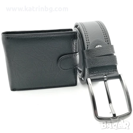 Стилен мъжки комплект колан и портфейл в черно естествена кожа, снимка 1