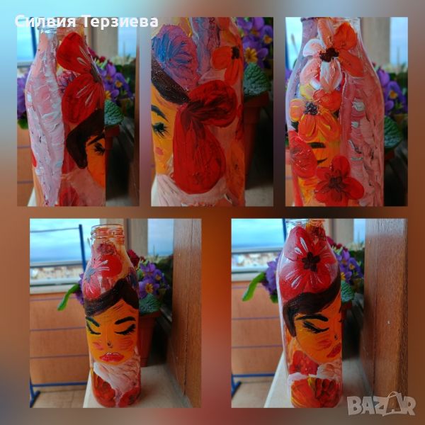 Ръчно рисувана бутилка ваза - Японка с цветя, снимка 1