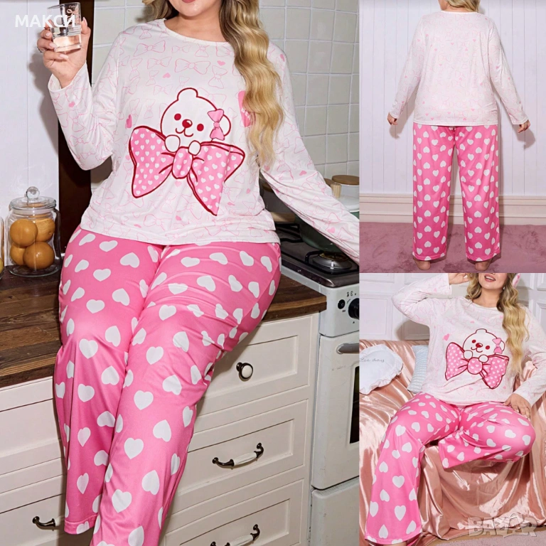 Макси разкошен силно еластичен комплект/пижама/ в бяло със сладки щампи с панделки и сърчица - блуза, снимка 1