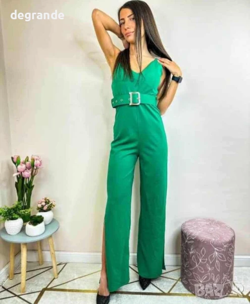 Елегантен зелен дамски гащеризон с колан, снимка 1