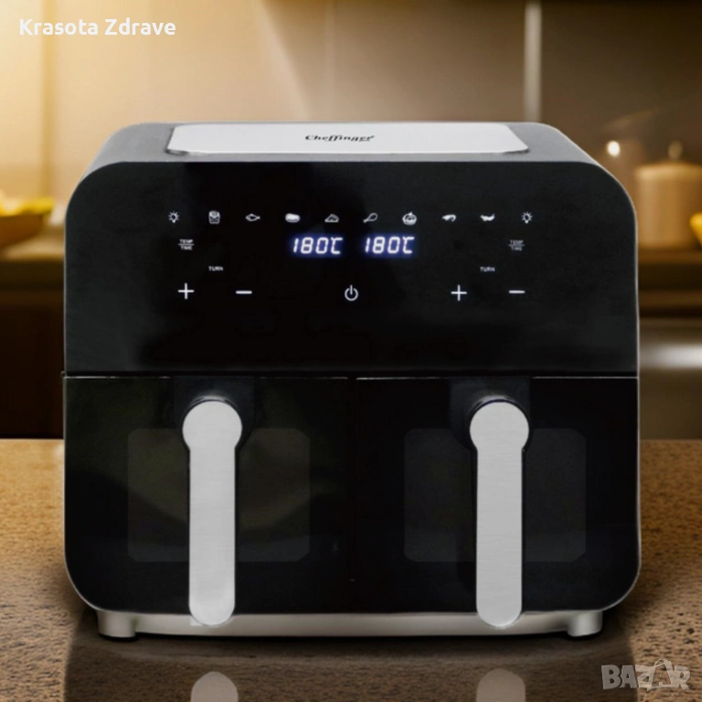 Двоен фритюрник с горещ въздух Cheffinger 9 л с дигитален дисплей, стъклен прозорец и 360° циркулаци, снимка 1